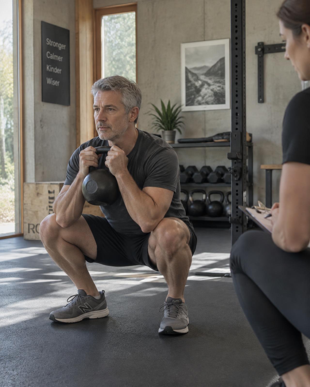 Man in his 40s strength training with a kettlebell